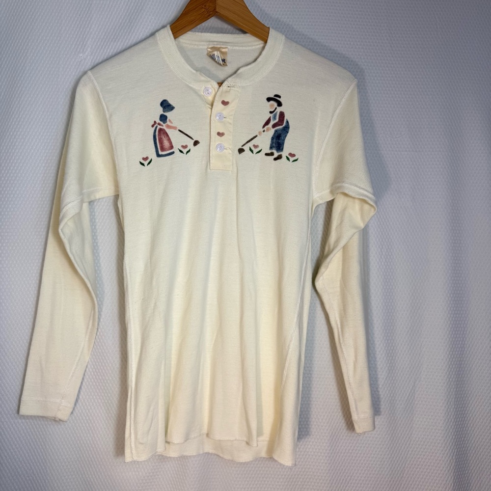Vintage Cream Healthknit Henley with Stencil Figures